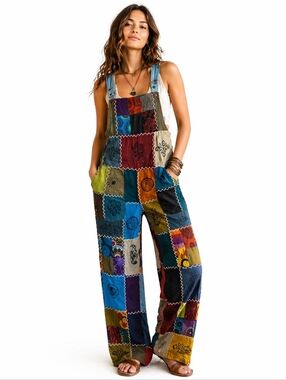 Rising International Patchwork Colorful Rainbow Bohemian Overalls Women's XL